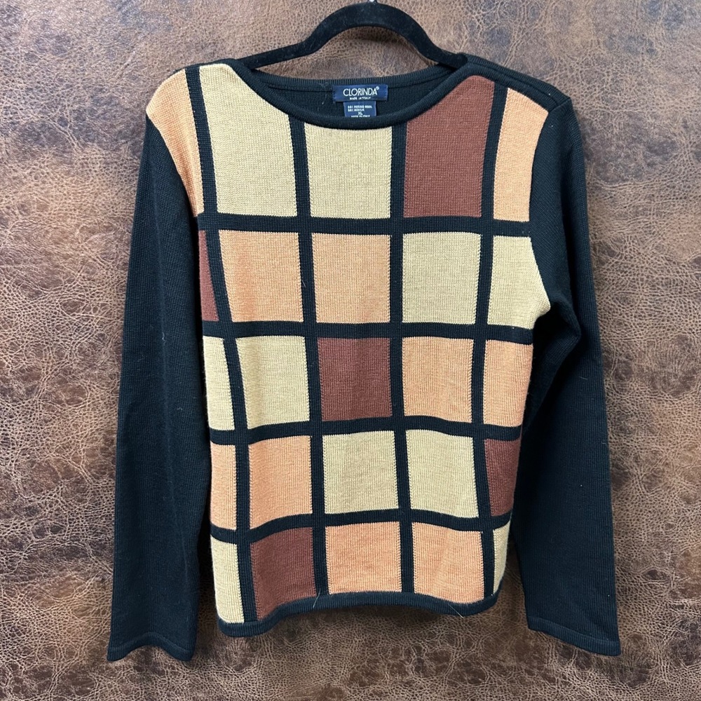 Colinda XL Italian Made Black Tan Brown Wool knit Square Patch Block‎ Sweater